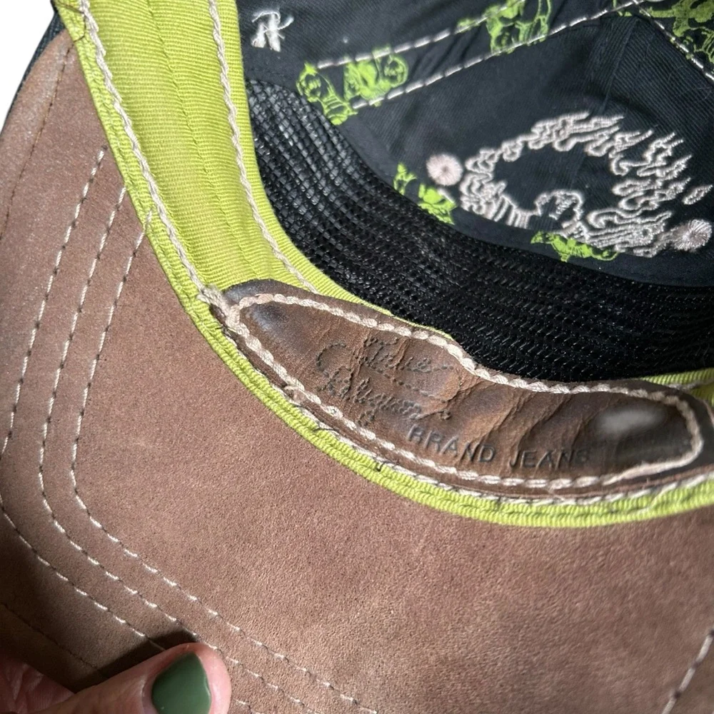 True Religion Distressed Plaid Trucker Hat Brown Green Y2K Horseshoe OS